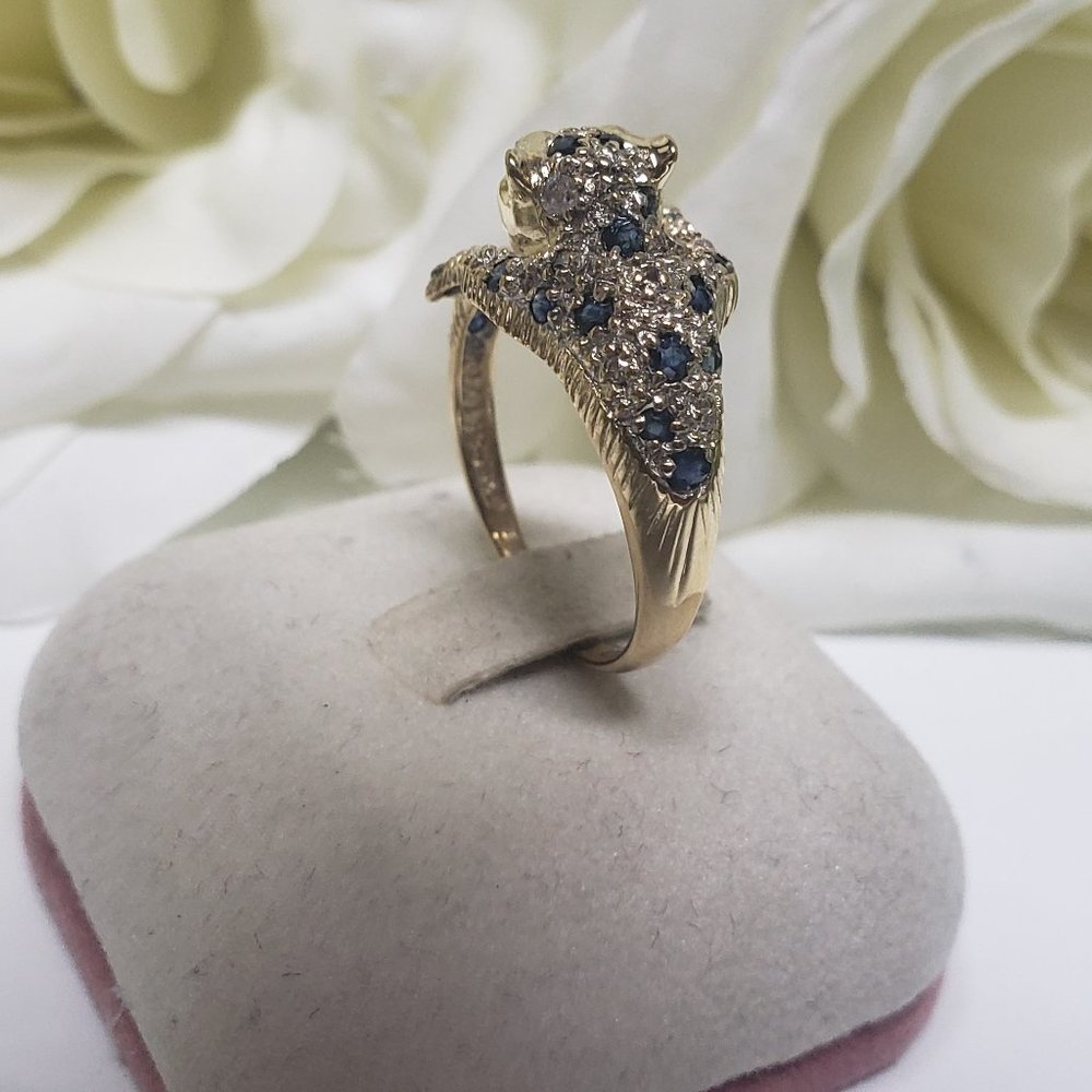 14K SOLID GOLD SAPPHIRE AND RUBY EYES PANTHER RING - Picture 5 of 11